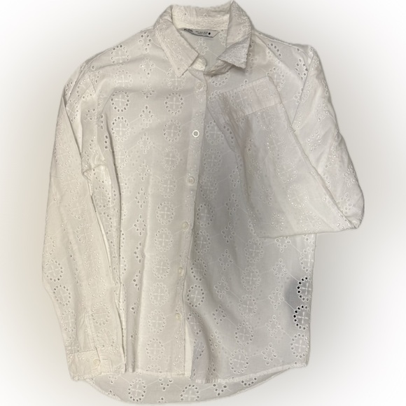 Zara Embroidered White Eyelet Casual Shirt | Sz S - Picture 1 of 4